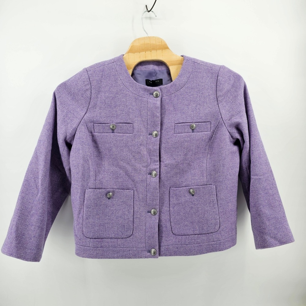 Talbots Plus Blazer Women 16W Purple Herringbone Wool Blend Crest Button Jacket